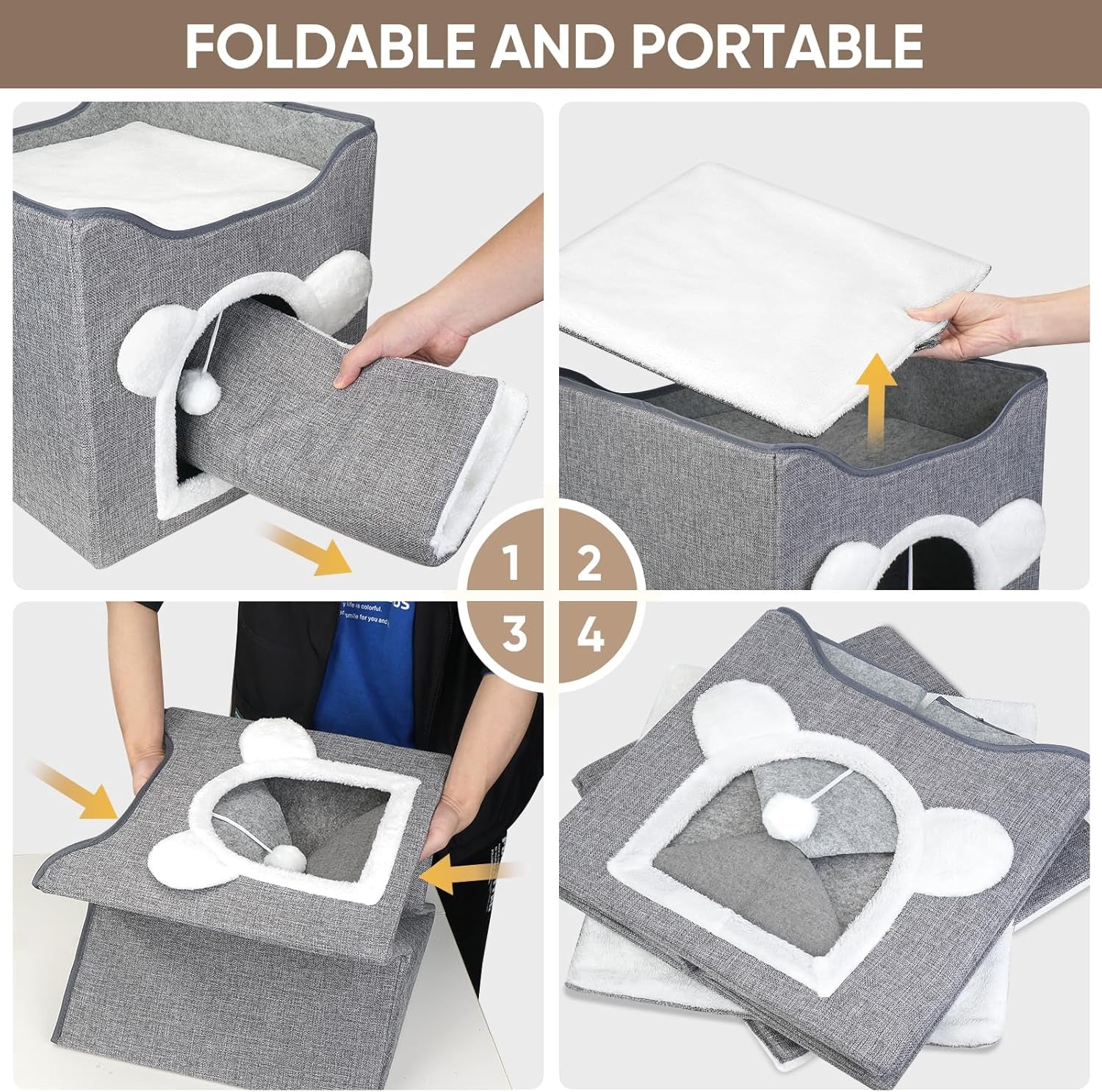 Katzenbetten für Indoor Katzen, Faltbares Katzenhaus, Katzenhöhle 2 Schicht Würfel Großer Raum Katzenbett med Kratzbrett und Spielball, 15,8 x 15,8 x 15 tommer