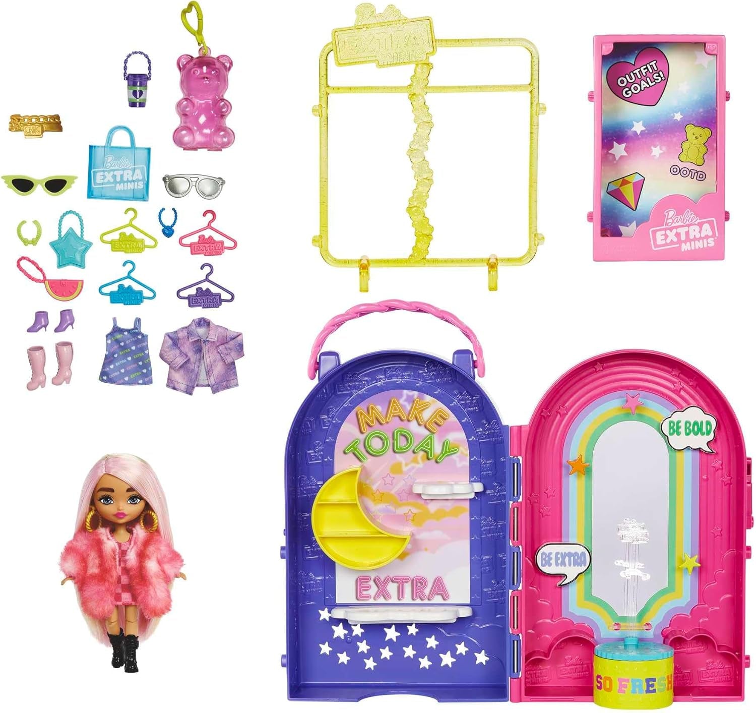Barbie Extra Minis, Ekstra minidukke og boutique-legesæt, garderobe med skabe, hylder, spejle, 360 platform, ekstra minidukke med lyserødt hårtilbehør, HHN15