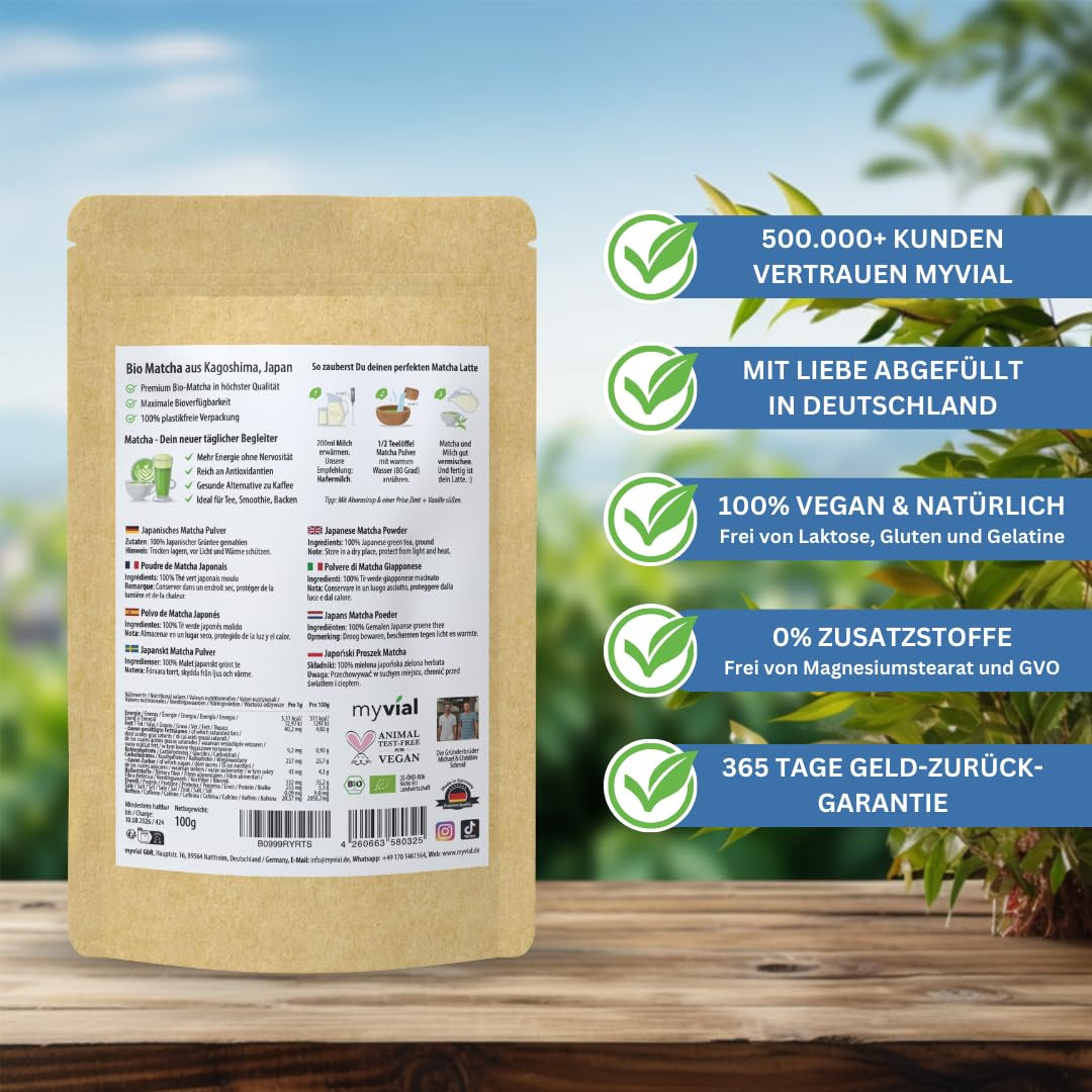 Økologisk Matcha Tea Premium Pulver 100g Grøn te af højeste kvalitet fra Japan Kagoshima - Perfekt til Smoothie Matcha Latte Japansk grøn te Vegansk uden tilsætningsstoffer Plastfri emballage