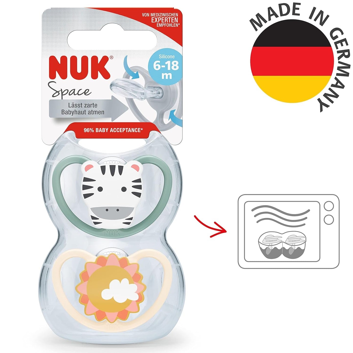 NUK Space baby sut 6-18 måneder, ekstra store åbninger til følsom hud, BPA fri silikone, zebra mønster, 2 stk.