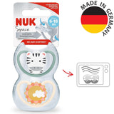NUK Space baby sut 6-18 måneder, ekstra store åbninger til følsom hud, BPA fri silikone, zebra mønster, 2 stk.