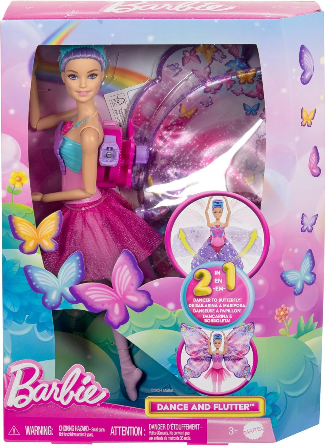 Barbie Dancer and Butterfly 2-i-1 transformerer danser til sommerfugl med åbne vinger, lilla hår, hårtilbehør og aftagelig tutu, HXJ10