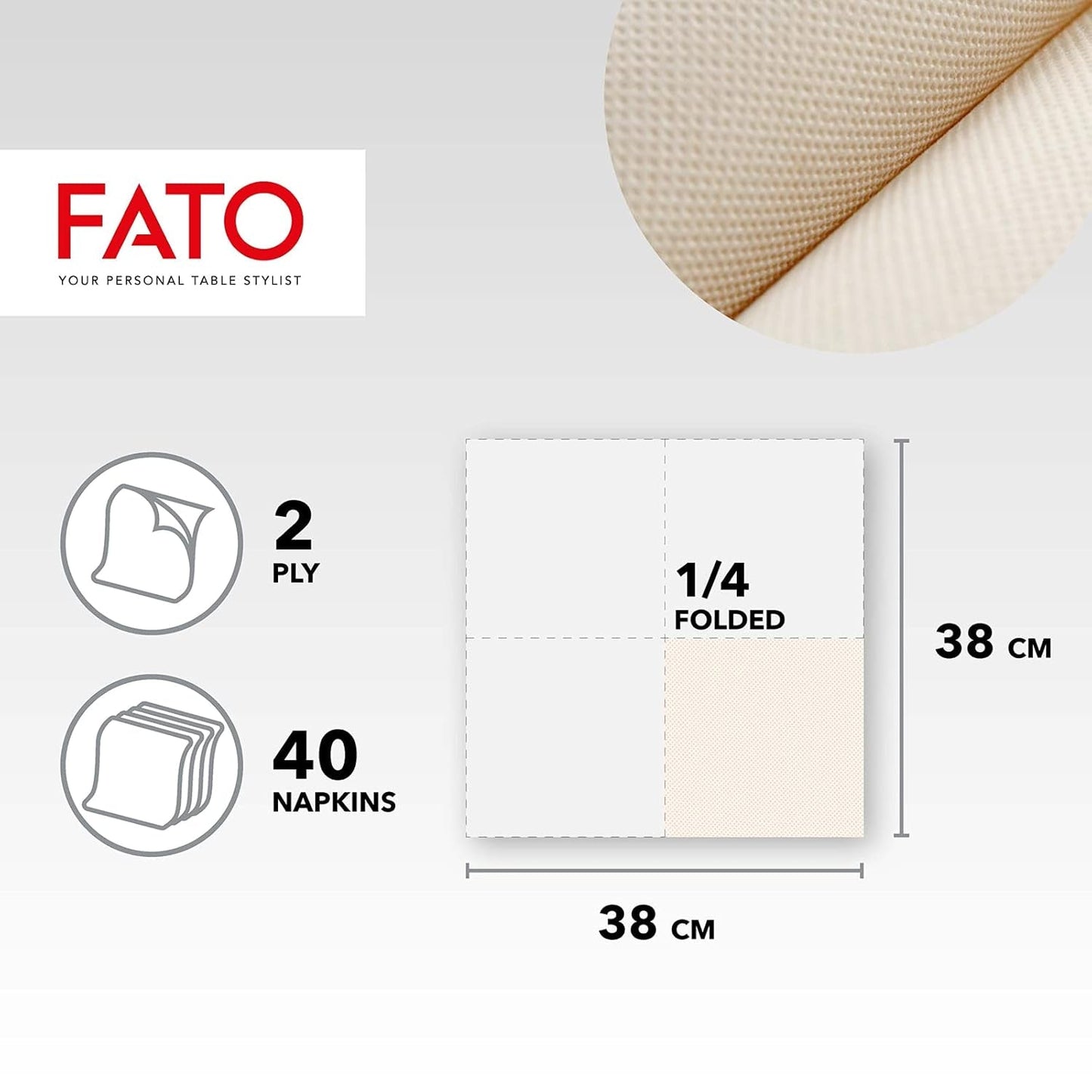 Fato - Naturlige 4-foldede engangspapirservietter, miljøvenlige, 40 stk., størrelse 38X38, 2-lags, 100 % genbrugspapir