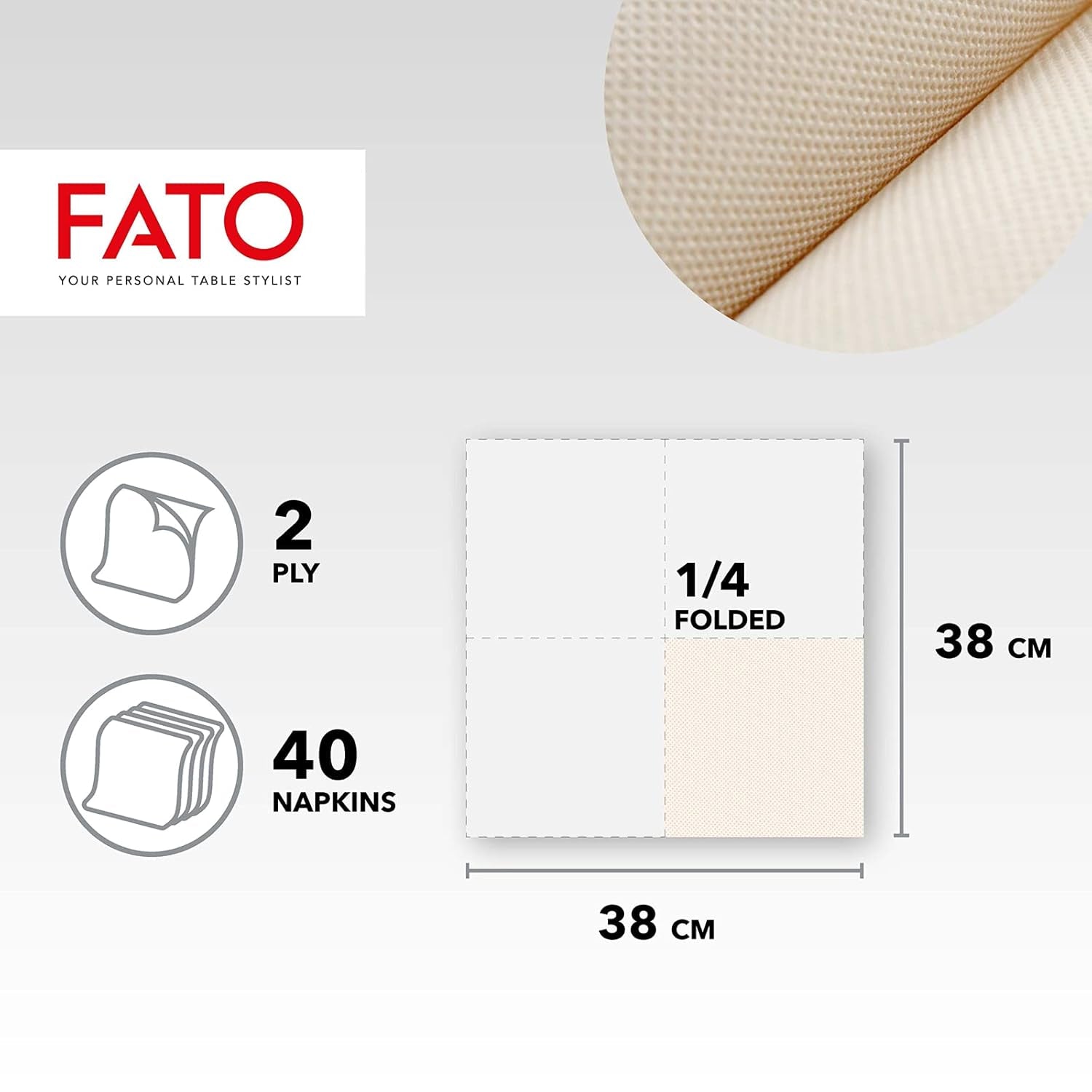 Fato - Naturlige 4-foldede engangspapirservietter, miljøvenlige, 40 stk., størrelse 38X38, 2-lags, 100 % genbrugspapir