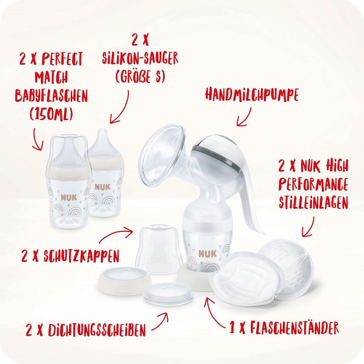 NUK manuel brystpumpesæt, blød silikonepude, 2 perfekt kombinerede flasker, 150 ml Tilbehør Mad og amning Bebe Naty Shop