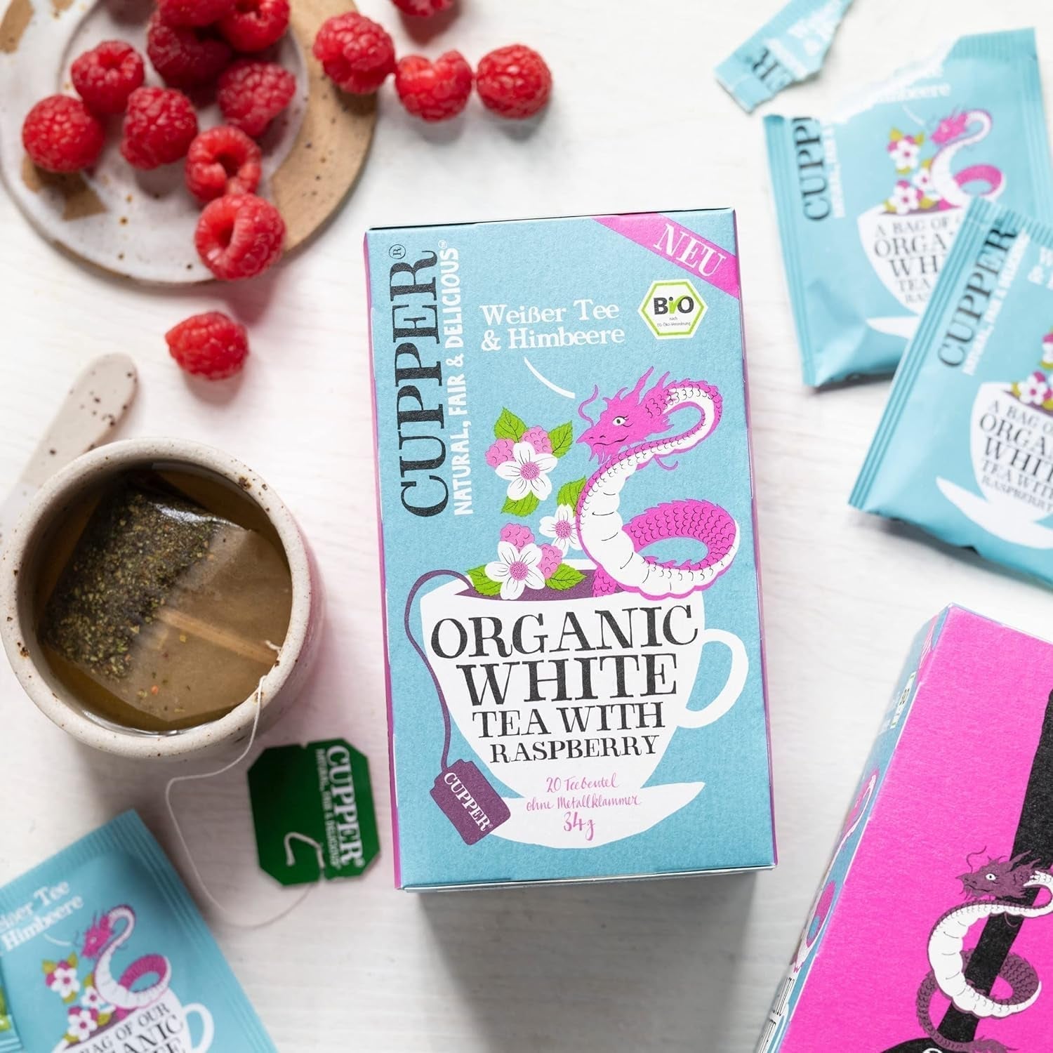 Cupper økologisk hvid te, hindbær, 20 poser, 34 g (pakke med 4)