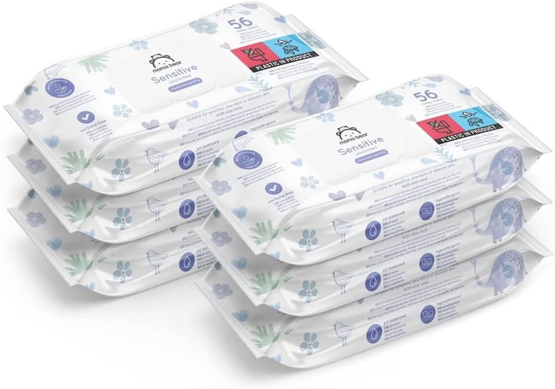 Naty Shop Mama Bear Sensitive Babyservietter uparfumerede 56 antal (pakke med 6)