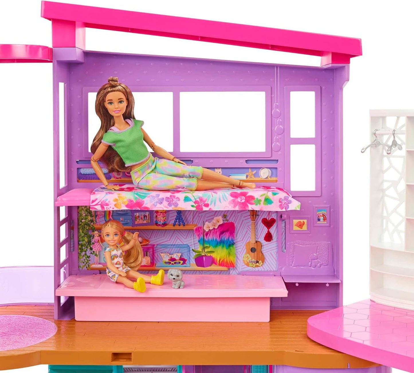 Barbie-feriehus (116 x 77,9 cm), 6-personers legehus, fuldt møbleret med tilbehør, møbler og elevator, foldbar og opbevaring, dukke, gave til børn fra 3 år og opefter, HCD50