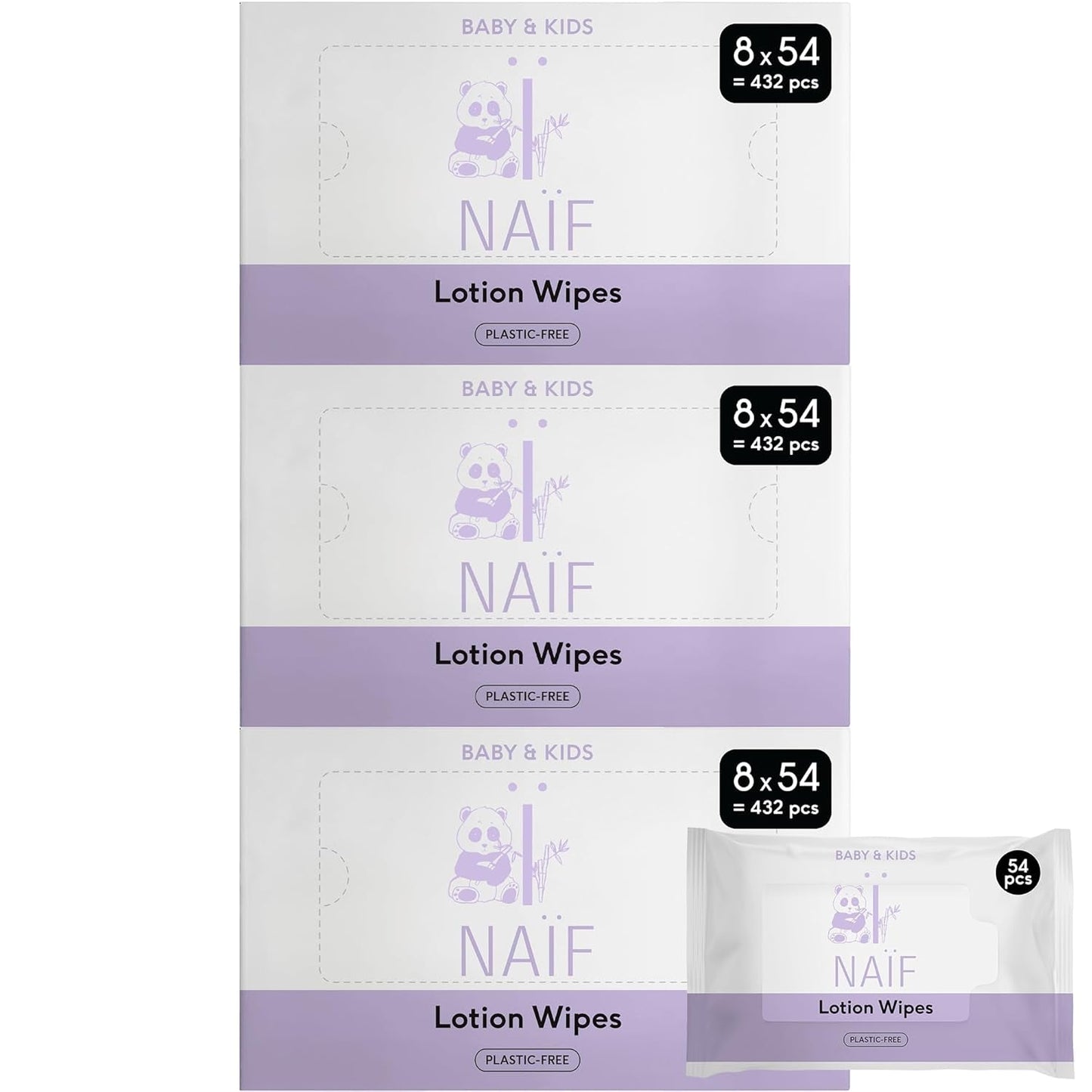 Naïf - Vådservietter med plastikfri lotion - 1296 stykker (24 pakker á 54 servietter) - til babyer og børn - Babys underdel, krop og ansigt - med Aloe Vera og bambus - 0% duft og alkohol
