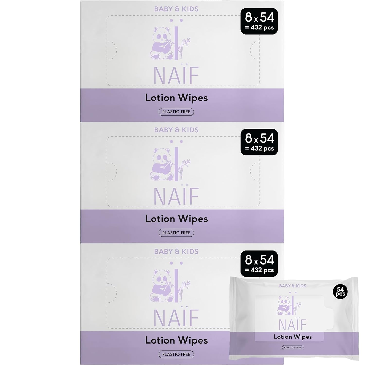 Naïf - Vådservietter med plastikfri lotion - 1296 stykker (24 pakker á 54 servietter) - til babyer og børn - Babys underdel, krop og ansigt - med Aloe Vera og bambus - 0% duft og alkohol