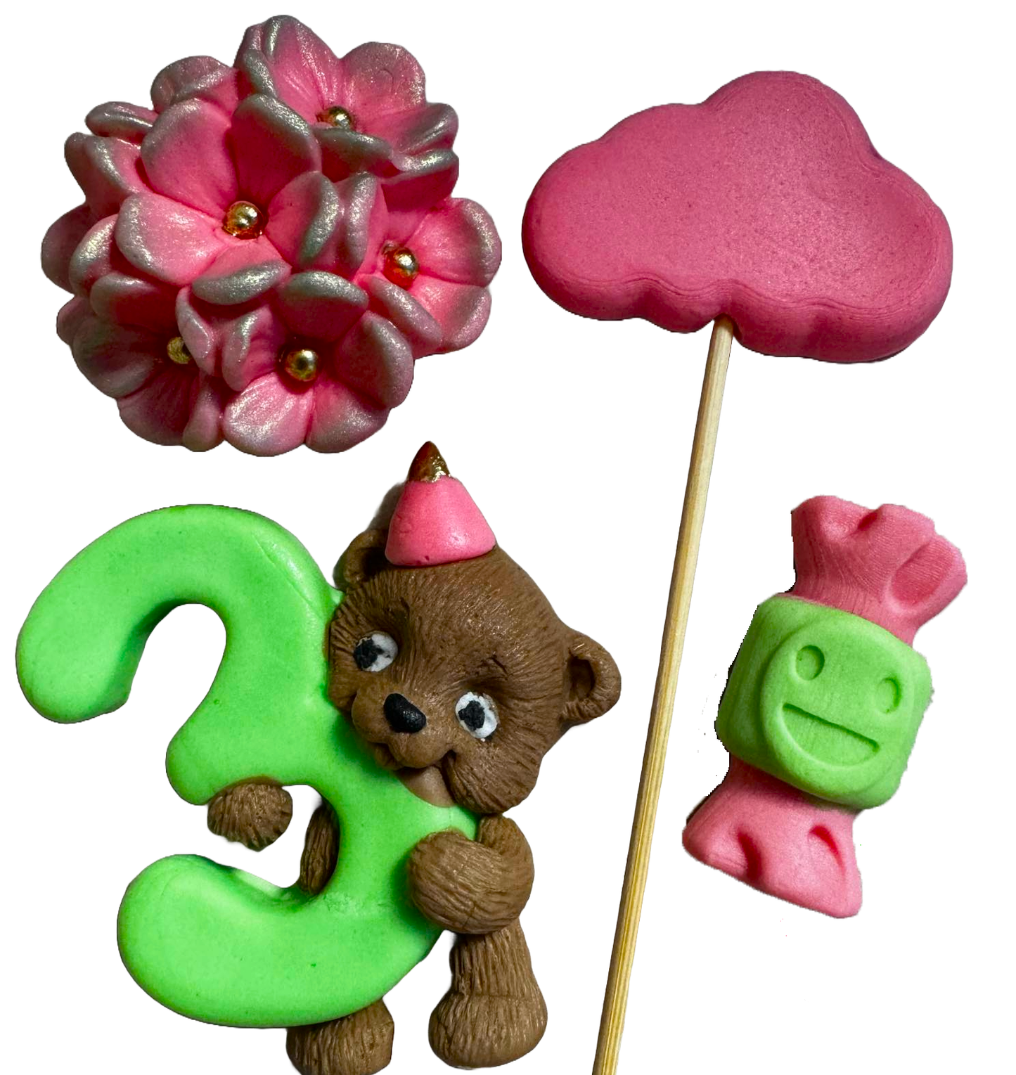 Sæt med 4 spiselige sukkerpynt, 3 ÅR Sugar Paste Decorations Naty Shop