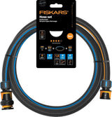 Fiskars vandhjul vandslangesæt med 2 slangeforbindelser og vandhaneforbindelse, universel størrelse, vridningsstivhedsniveau 4 (af 5), 1,8 m, Ø1,3-1,5 cm (1/2-5/8"), sort/orange/blå, 1057621