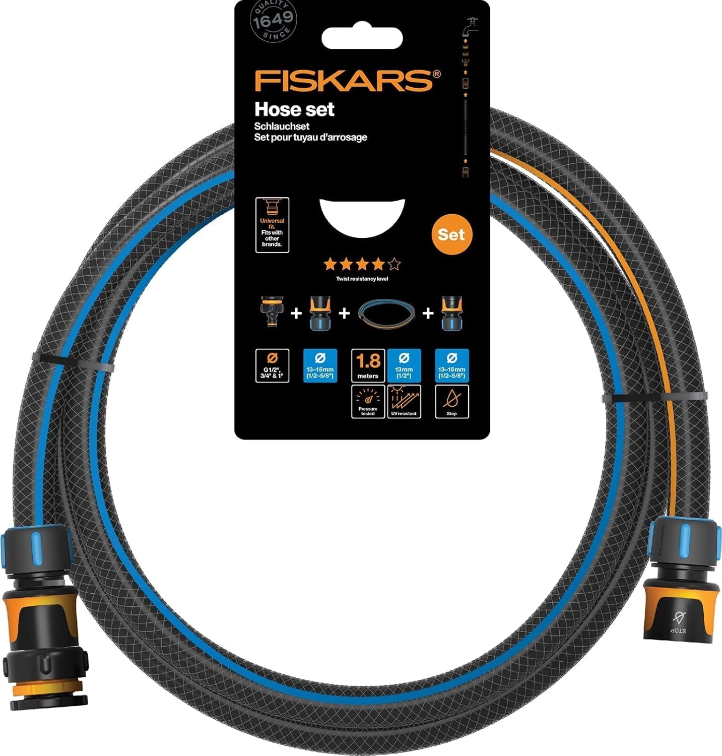 Fiskars vandhjul vandslangesæt med 2 slangeforbindelser og vandhaneforbindelse, universel størrelse, vridningsstivhedsniveau 4 (af 5), 1,8 m, Ø1,3-1,5 cm (1/2-5/8"), sort/orange/blå, 1057621