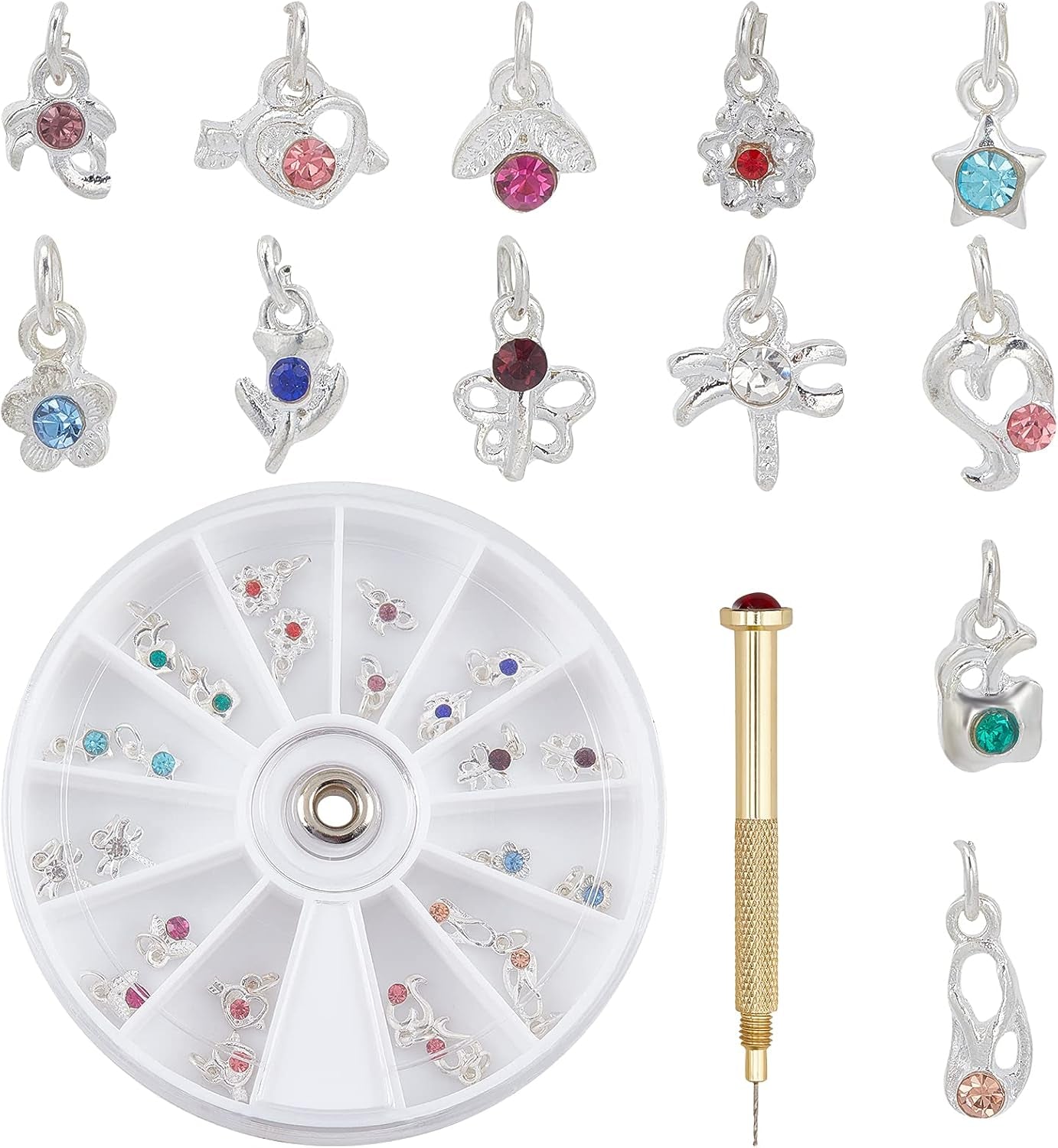OLYCRAFT 24 stk Nagelschmuck Ringe Dangle Nail Art Zubehör Mit Nagelpiercing Tool Nagelbohrer Manueller Bohrer Aus Legierung Für Tips, Acryl, Gele Und Dekorationen