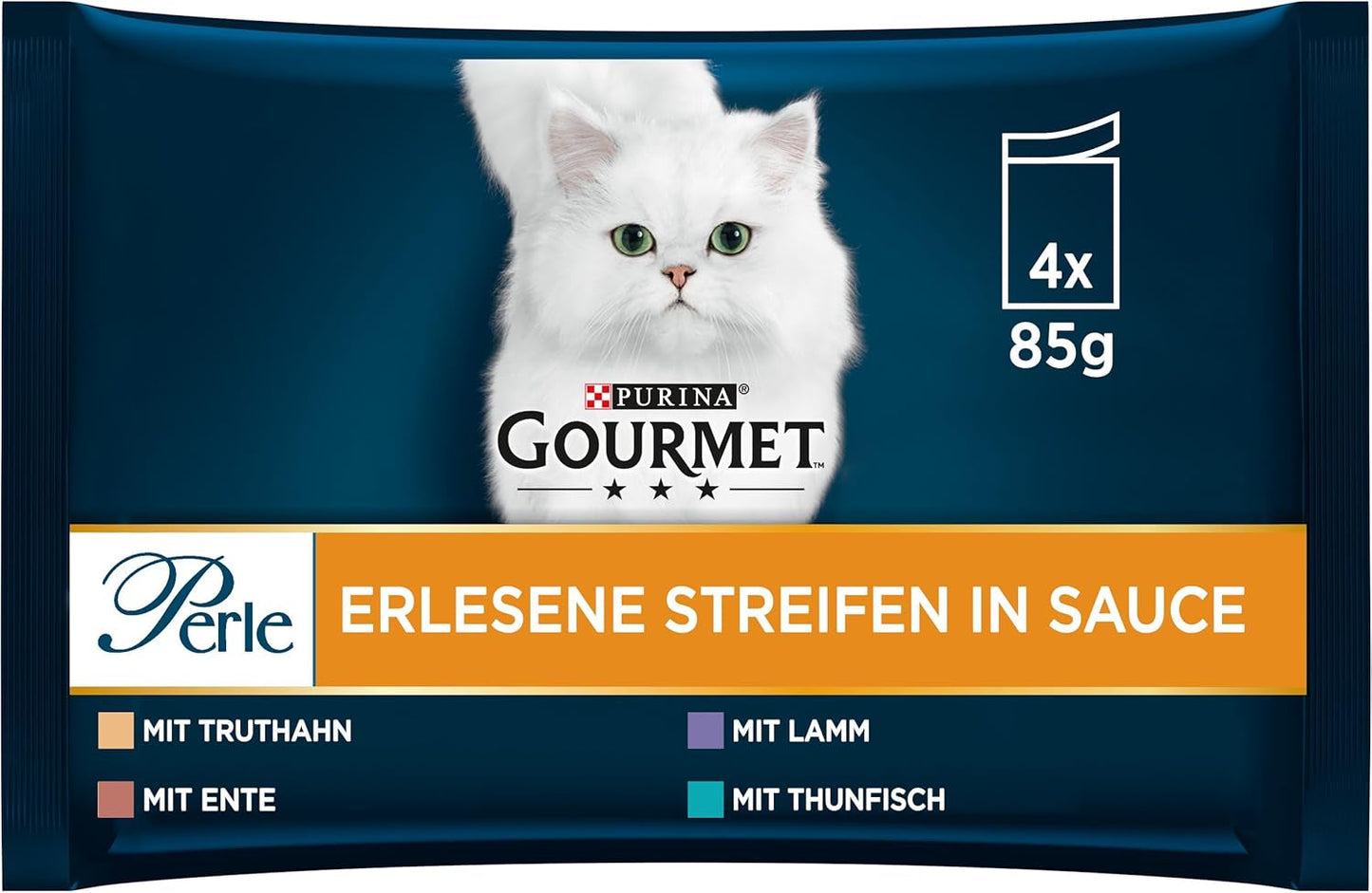 Gourmet Perle Select Strips våd kattefoder, assorteret blanding, pakke med 12 (12 x 4 poser á 85g hver)