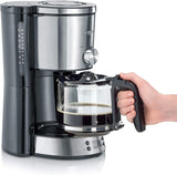 SEVERIN "TypeSwitch" espressomaskine med glaskaraffel og timer, AromaSwitch til valg af 2 bryggemuligheder, digitalt ur med timerfunktion, til op til 10 kopper, 1000W, børstet rustfrit stål-sort, KA 4826