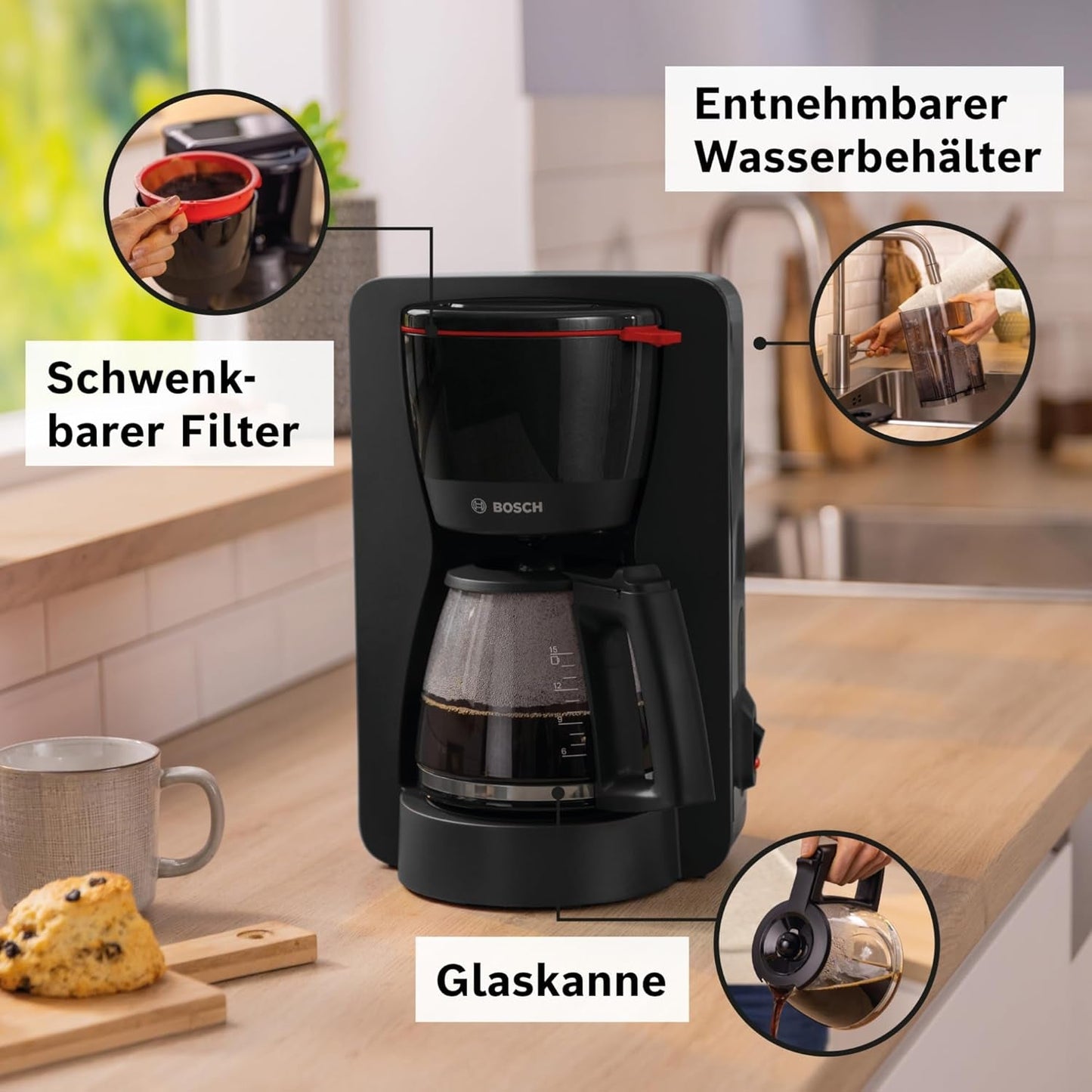 Bosch MyMoment TKA2M113 Filter Espressomaskine, 1,25 L glaskaraffel, 10-15 kopper, 40 Minutters Hold Varm-funktion, Anti-drypsystem, Roterende Filterholder, Aftagelig Vandtank, 1200 Watt, Mat Sort