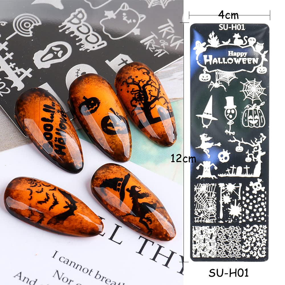 JMEOWIO Nail Stamping Stencils Halloween 6 Stück Nagelstempel Stencils Nail Art Dekoration Nageldesign Tilbehør Böse Gruselige Kürbis-Geisterhexe
