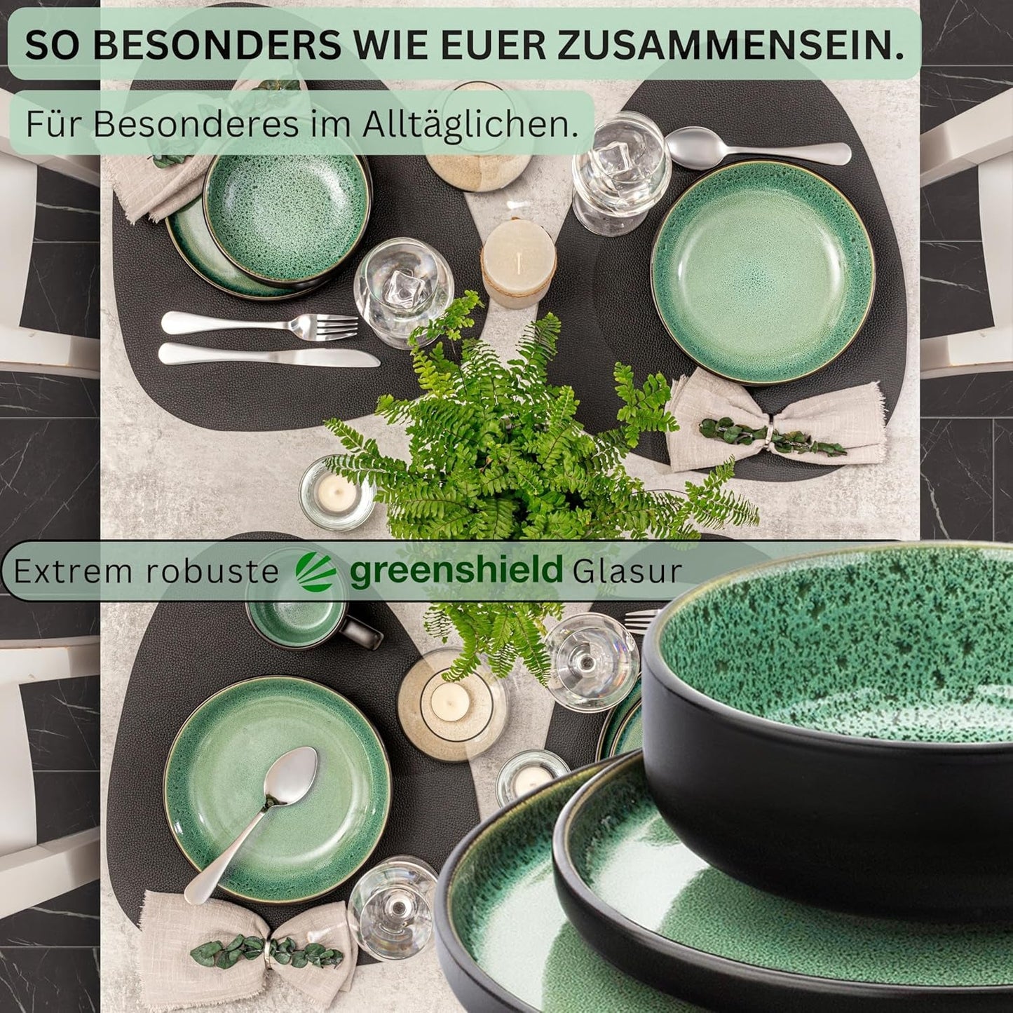 SÄNGER Greenwich | Stentøjsstel, 18 stykker, tallerkensæt til 6, porcelænssæt (6 middagstallerkener, 6 desserttallerkener, 6 skåle), grøn, ridsefast, porcelæn | VÆRDIINDSAMLING