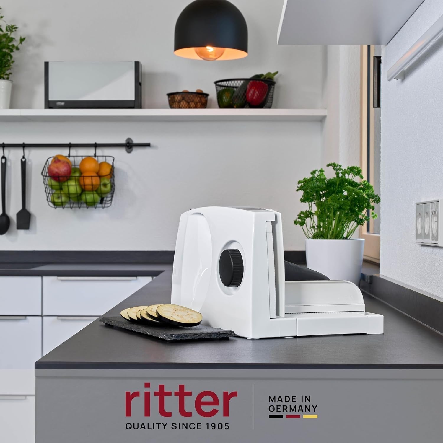 Ritter Markant 05 Multifunktionel sammenfoldelig elektrisk brødskæremaskine og -skæremaskine med økomotor Made in Germany Kværne- og skæremaskiner Naty Shop