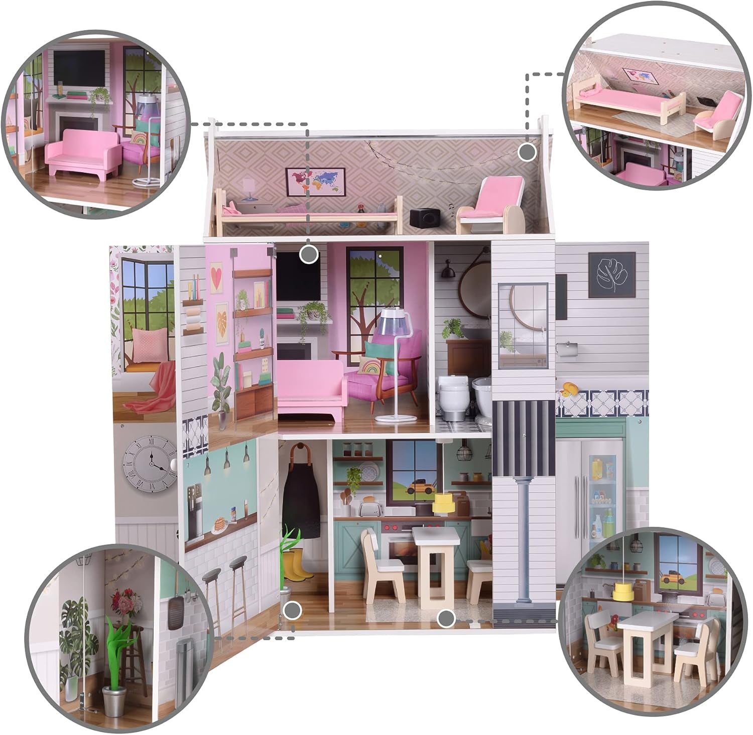 Olivia's Little World Dreamland 3-tiers interaktivt dukkehus i træ med 13 dukkemøbeltilbehør Hvid TD-13632A