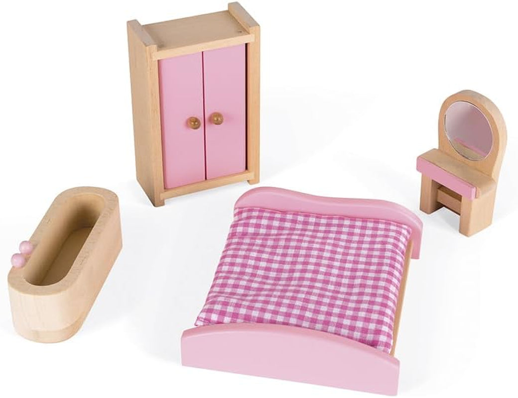 Janod - Mademoiselle dukkehus i træ, 3 etager og 11 tilbehør, kopilegetøj, udvikler fantasi, i alderen 3+, J06581, Pink Naty Shop dukkehuse
