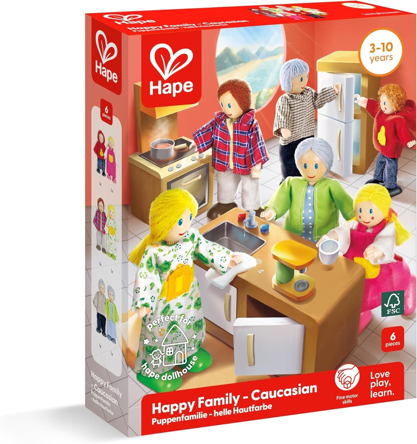 Hape Dukkefamilie prisvindende dukkehussæt, unikt trædukkehustilbehør, fantasifuld leg, 6 dukkefamiliemedlemmer, fra 3 år og opefter