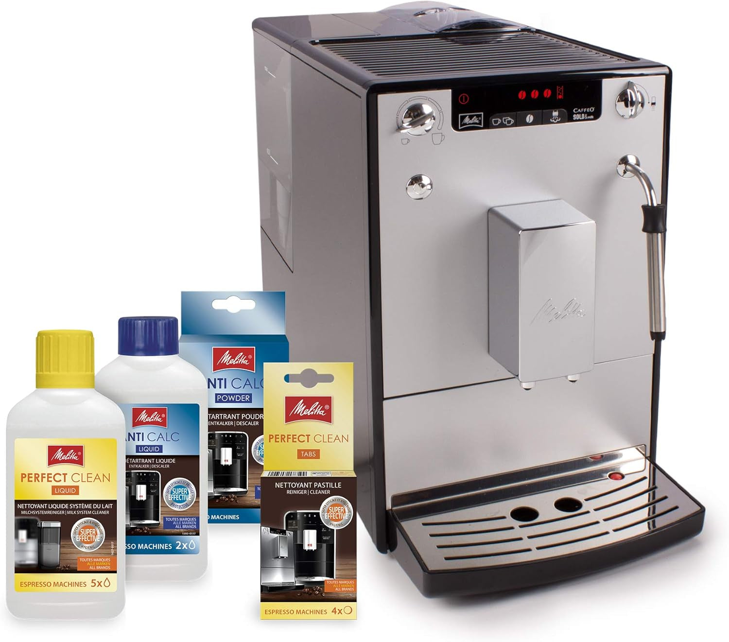 Melitta Solo & Milk - fuldautomatisk slim kaffemaskine med mælkeskummer, kaffemaskine med aftagelig vandtank, f.eks. kaffe eller cappuccino, sølv