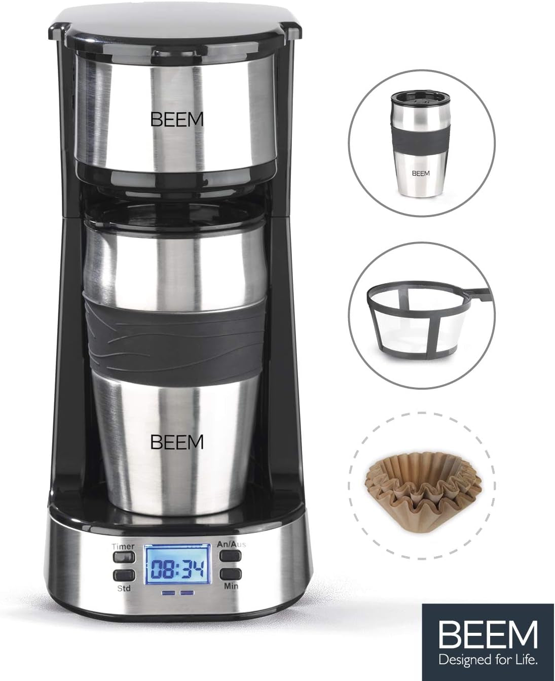 BEEM THERMO 2 GO enkeltfilter espressomaskine med 0,4 l termokop | Filtru permanent | Med 24-timers timer til en varm kop kaffe om morgenen, ingen ventetid | 750 W
