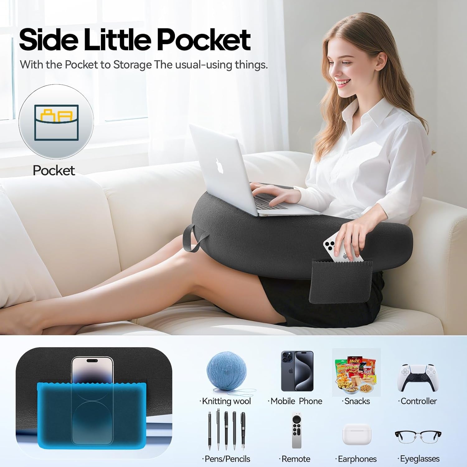 Spil- og læsepude, læsepude til seng/sofa/gulv, fodrings-/hæklepude med stor ergonomisk spillepude, gamerpude til iPad/laptop - sort