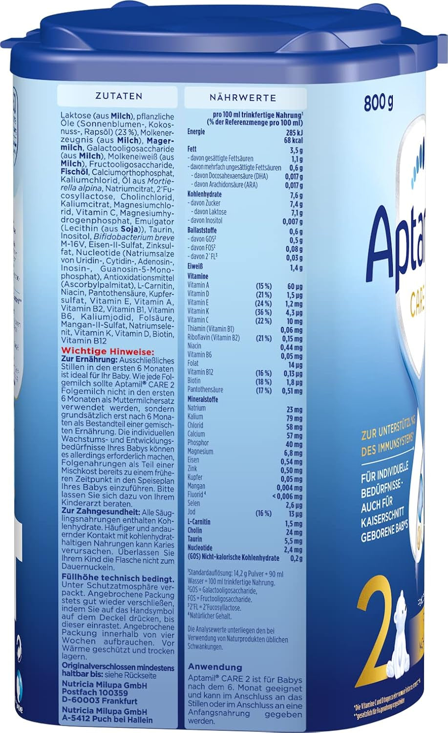Aptamil Care 2 - Tilskudsmælk efter 6 måneder, med Omega 3 og 6, DHA og ARA, palmeoliefri, babymad, mælkepulver, 1 x 800 g (pakke med 6)