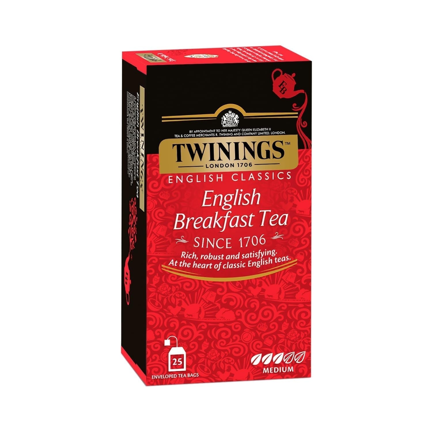 Twinings English Breakfast Black Tea 50g, 25 teposer, fyldig, rund og stærk sort te fra de bedste teplantager i Sri Lanka og Indien. Sort te Pakke med 1 (1 x 50 g)