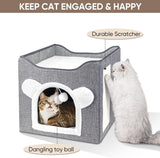 Katzenbetten für Indoor Katzen, Faltbares Katzenhaus, Katzenhöhle 2 Schicht Würfel Großer Raum Katzenbett med Kratzbrett und Spielball, 15,8 x 15,8 x 15 tommer