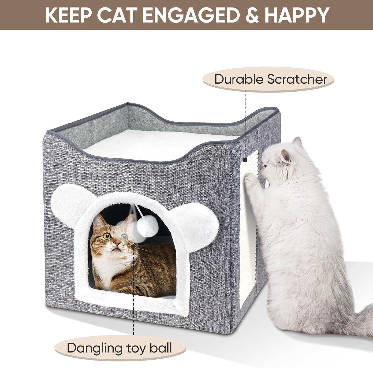 Katzenbetten für Indoor Katzen, Faltbares Katzenhaus, Katzenhöhle 2 Schicht Würfel Großer Raum Katzenbett med Kratzbrett und Spielball, 15,8 x 15,8 x 15 tommer