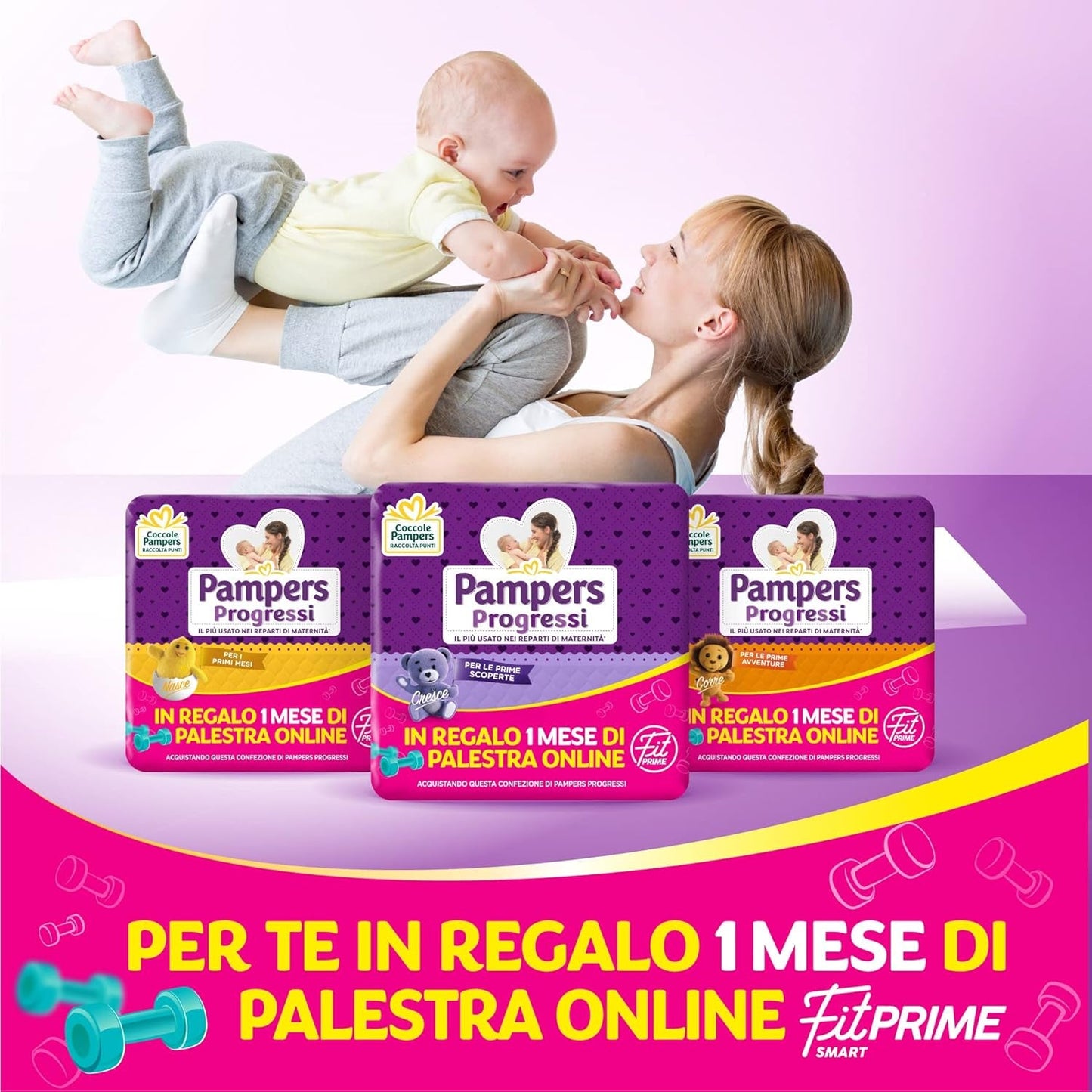 Pampers Progressi & Fit Prime Midi bleer, kort format, 162 bleer, str. 3 (4-9 kg), online medlemskab af fitnesscenter i 1 måned som gave