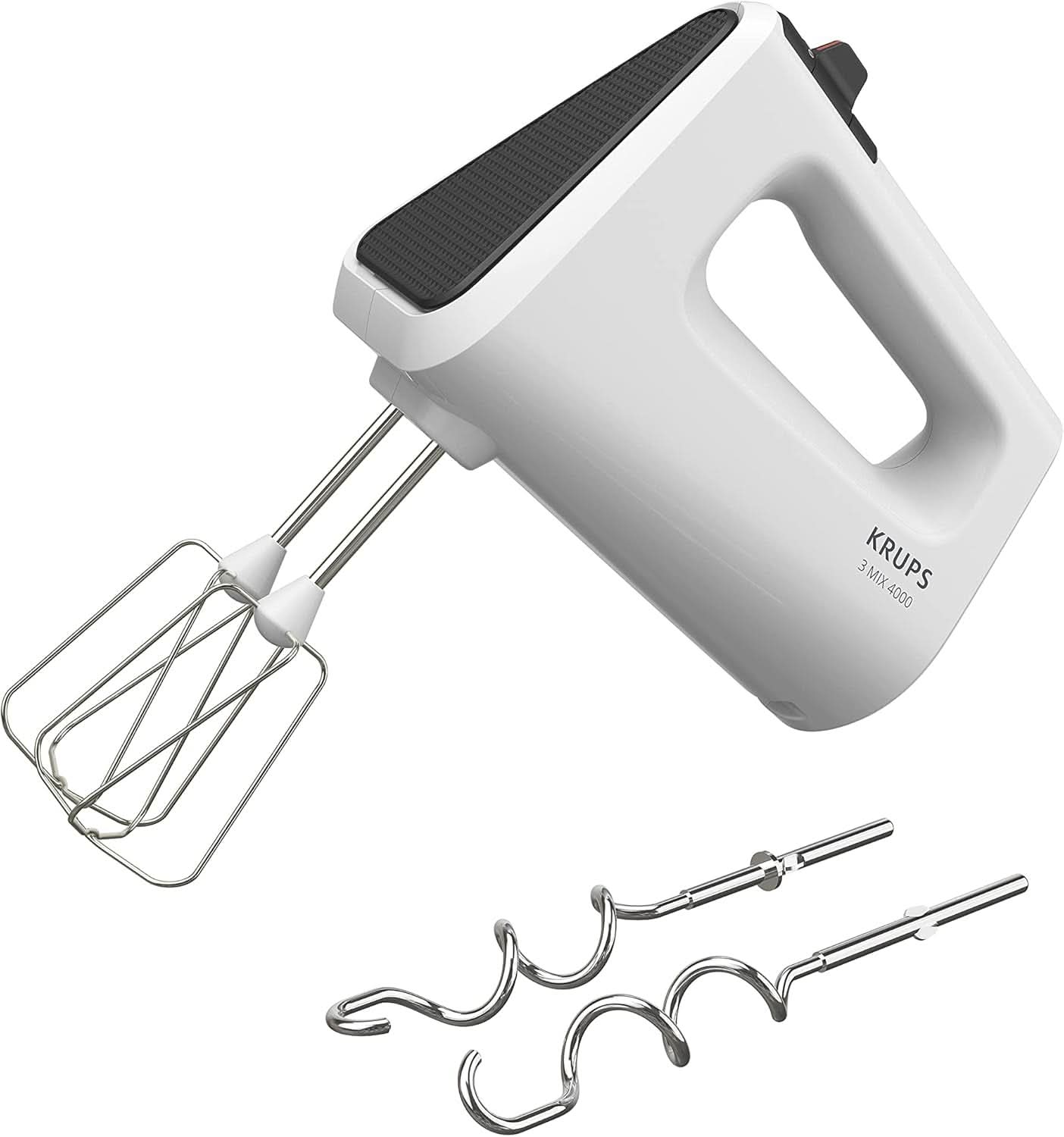 Krups GN4001 3 Mix 4000 Håndmixer | 450 watt | Robust design | Variabel hastighedsregulator | Turbo-Und Auswurf-Funktion | Inkl. 2 Rührbesen Und 2 Knethaken | Weiß/Grau Kitchen Naty Shop