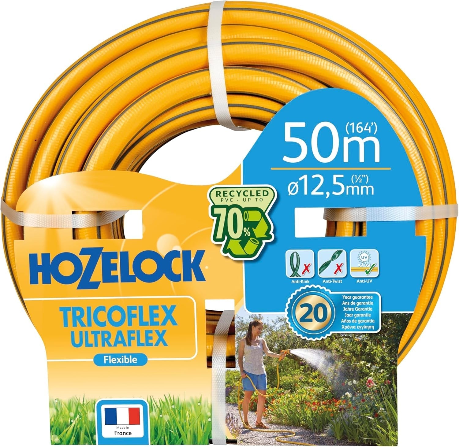 HOZELOCK - Tricoflex Ultraflex Slange Ø 12,5 mm (1/2") 20 M: Fleksibel haveslange, vejrbestandig, vrid- og bøjningsbestandig, lavet af 40 % genanvendt PVC [117002], gul