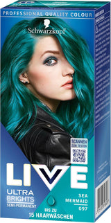 Schwarzkopf LIVE Ultra Brights Semi-Permanent Hårfarve 097 Havfrue (3 x 80 ml), farve for intense resultater eller pastelfarver, modstår 12-15 vaske, med plejebalsam Hårfarve Naty Shop
