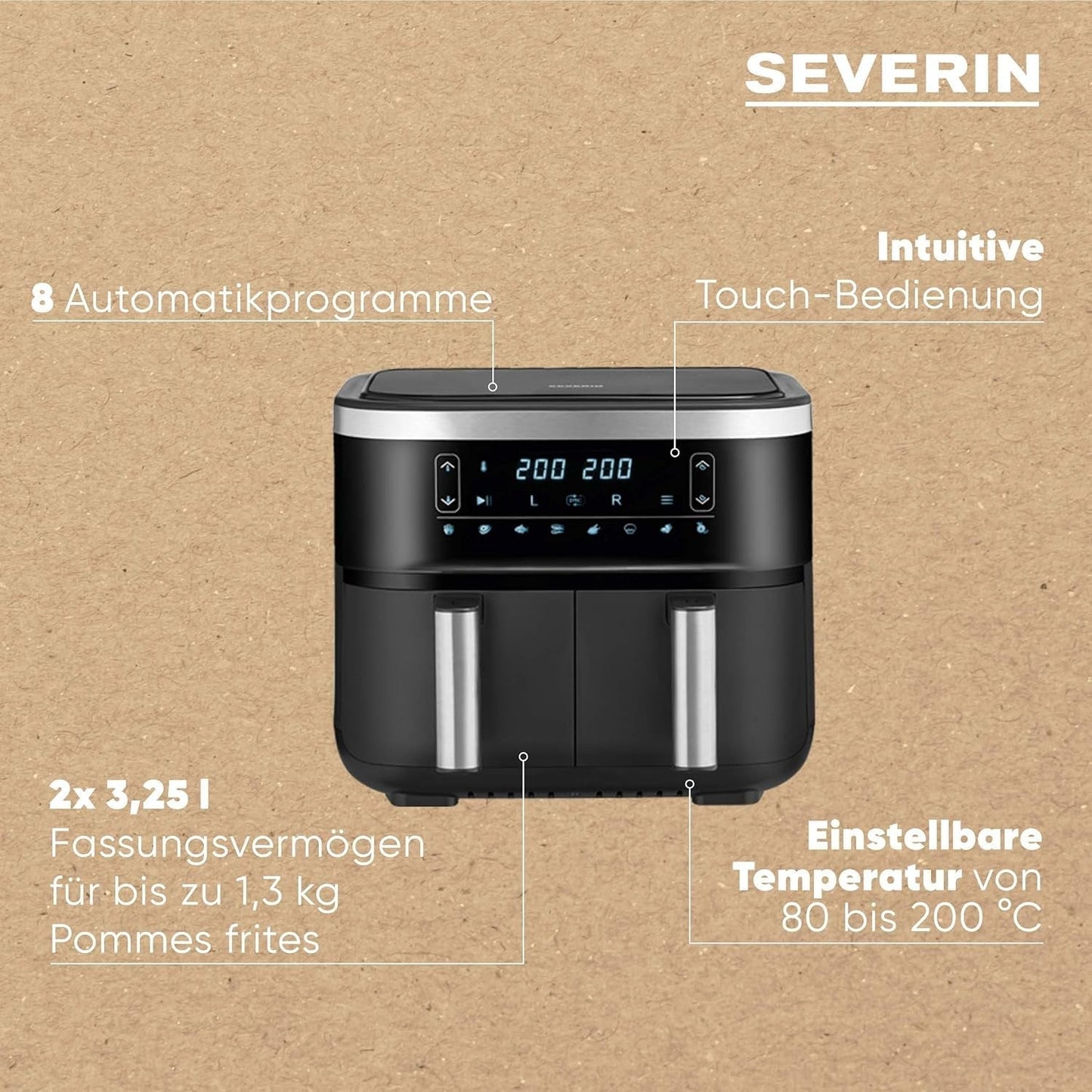 SEVERIN Dobbelt varmluftfriture med kogekammer 2 X 3,8 L, 8 automatiske programmer Hvidevarer Naty Shop