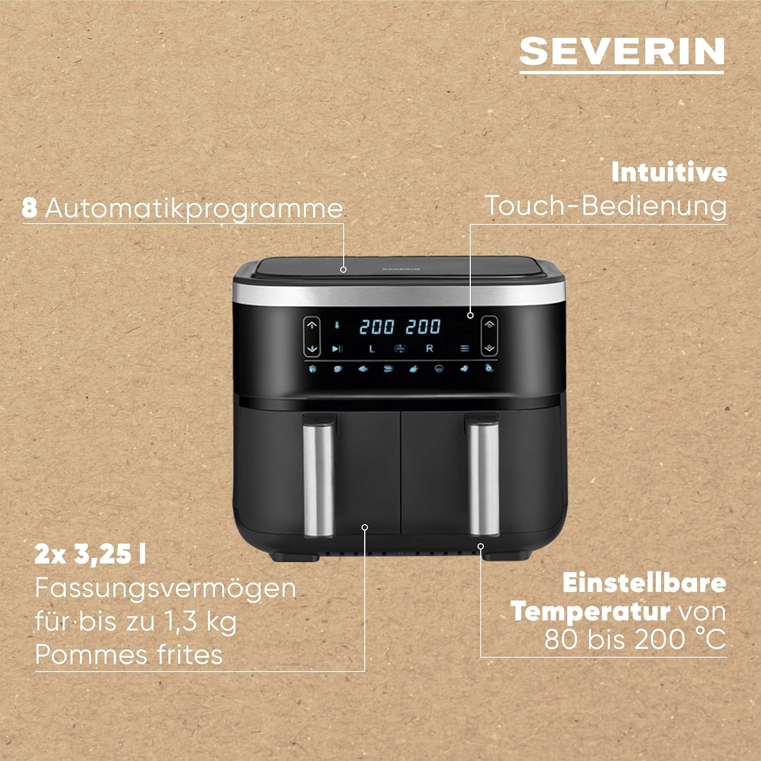 SEVERIN Dobbelt varmluftfriture med kogekammer 2 X 3,8 L, 8 automatiske programmer Hvidevarer Naty Shop