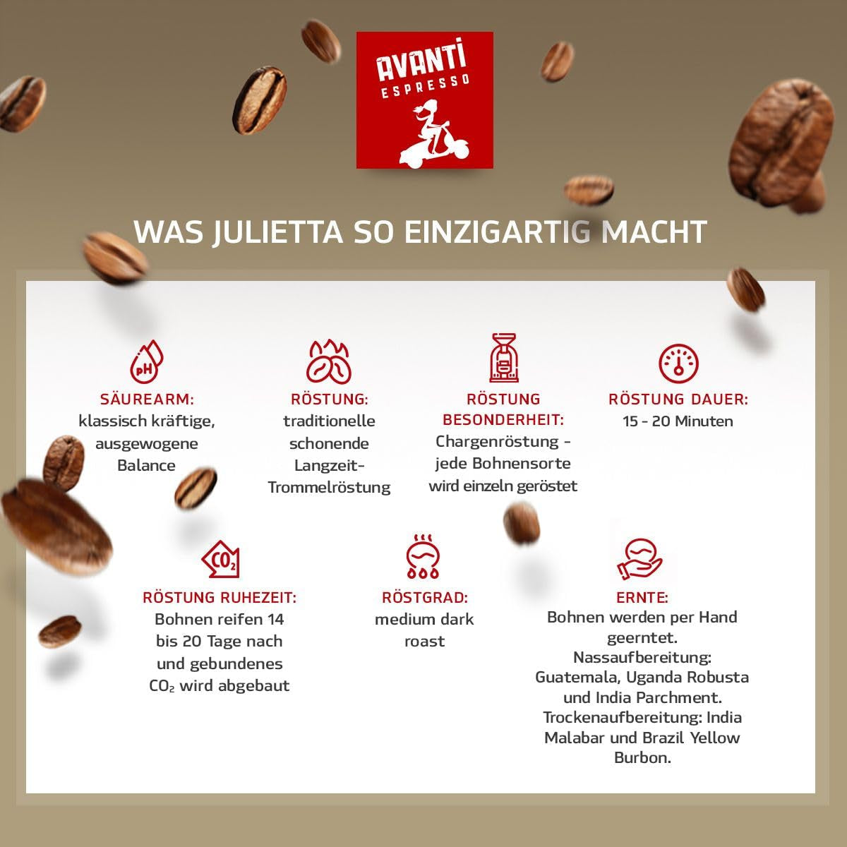 AVANTI Julietta Espresso kaffebønner, 500 g, 70% Arabica 30% Robusta, traditionel tromleristning