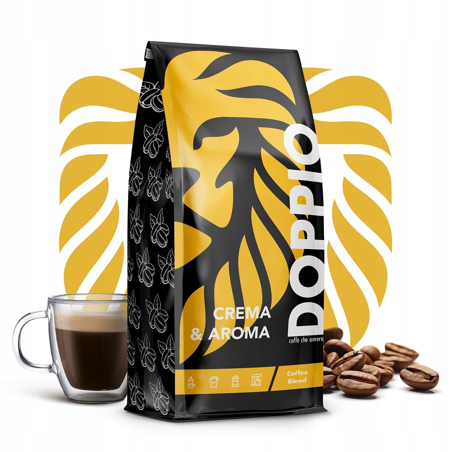 Doppio Creme & Flavor 1KG | Kaffebønner 80% Arabica og 20% ​​Robusta | med noter af kakao, nødder og karamel | Frisk og mellemstegt, lav surhedsgrad | til espresso | Blå spækhugger kaffe