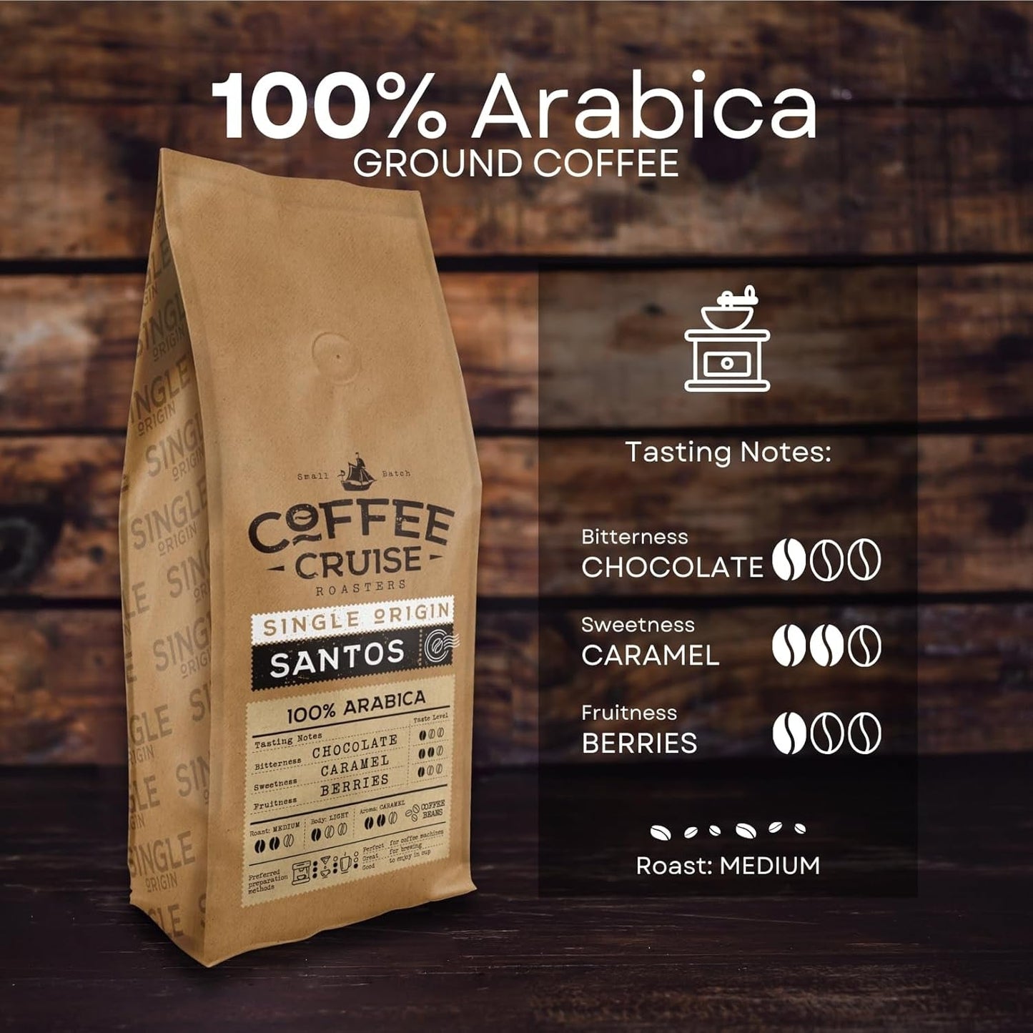 COFFEE CRUISE Santos Kaffeebohnen 1kg - Mittlere Röstung - Aroma Caramel - Für All Kaffeemaschinen - 100% arabisk