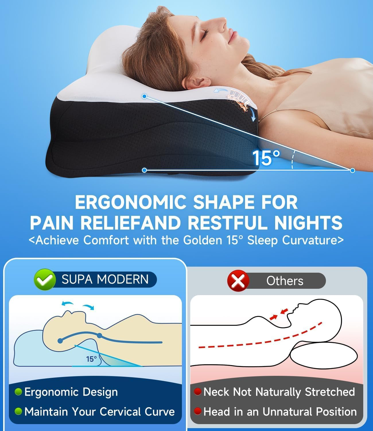SUPA MODERN Memory Foam Pude Side Sleeper Kølepude 60X40 Ortopædisk Bagside Mave Nakke Smertelindring Nakkepude Ortopædiske Cervikal Puder Naty Shop