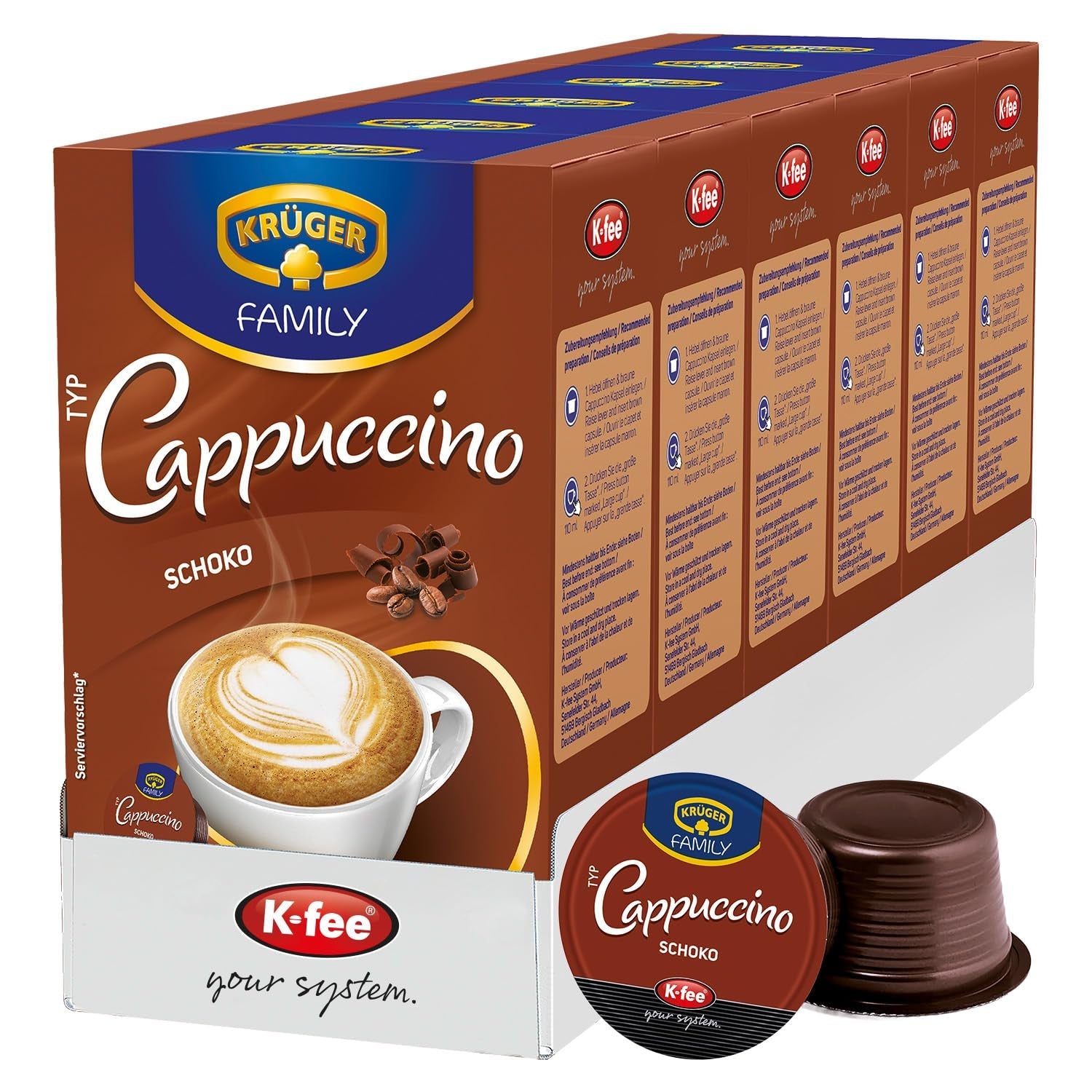 KRÜGER Cappuccino Schoko kaffekapsler, kompatible med K-fee og ALDI EXPRESSI* Kapselmaschinen, instant kaffe med smag, 96 kapsler