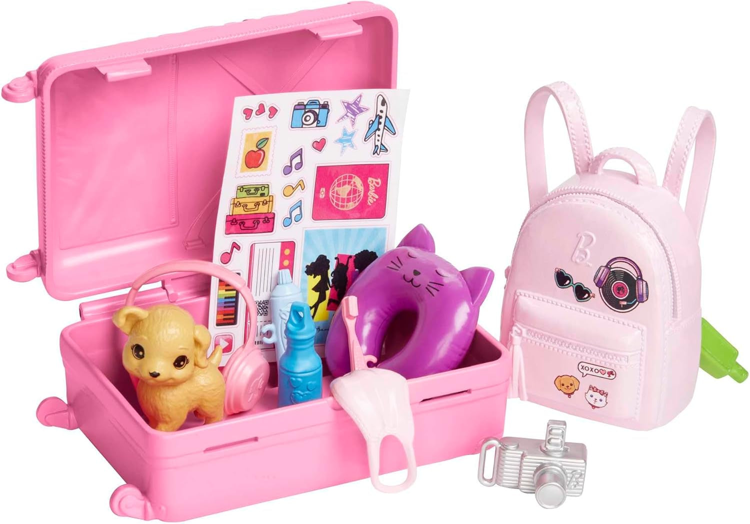 Barbie-dukke, rejse-barbie med blondt hår, 10+ rejsetilbehør, klistermærker, kuffert, hvalp, inkluderer 1 dukke, gave til børn, 3+-legetøj, HJY18