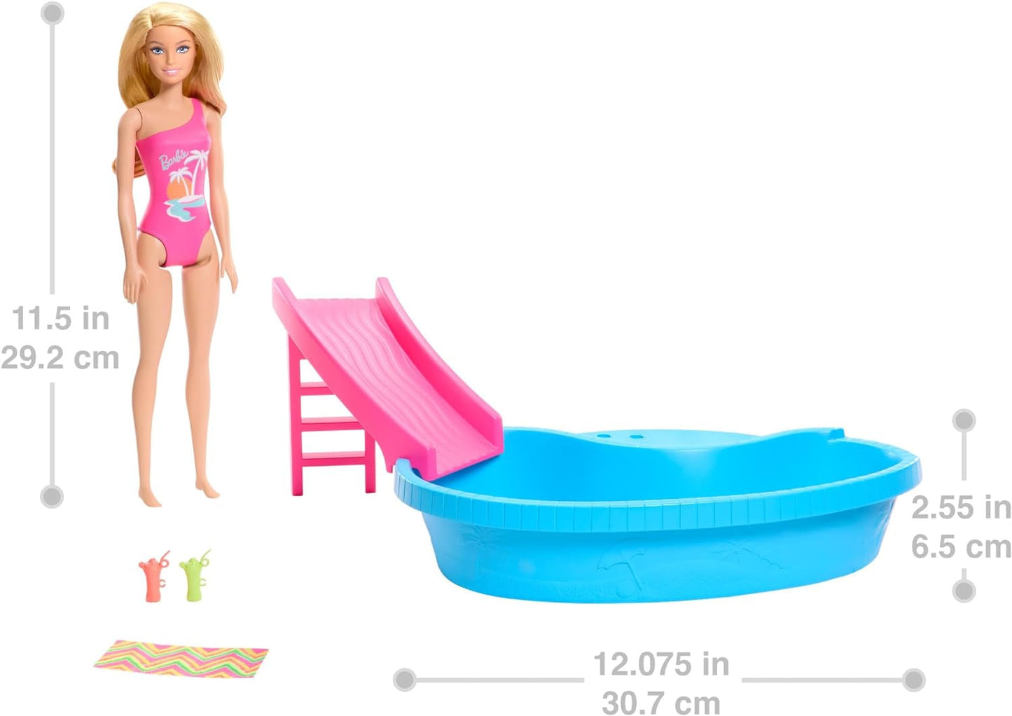 Barbie dukke og tilbehør - pool med rutsjebane og tilbehør til timevis af sjov i solen, pink badedragt med tropisk design, til børn fra 3 år, HRJ74 Naty Shop Dukkehuse