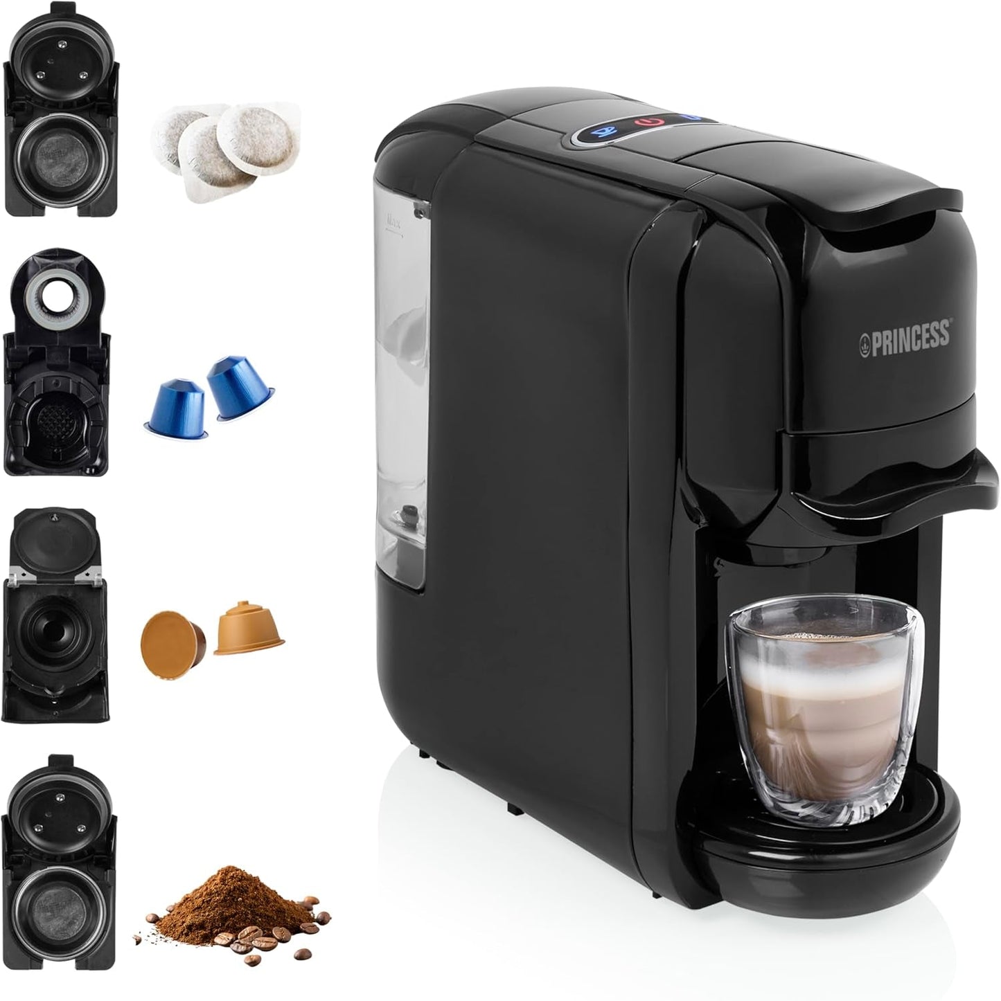 Princess Espressor 249452 – Til Nespresso™, Dolce Gusto og ESE kapsler – 19 bar italiensk pumpe – 0,6 L – 1450 W
