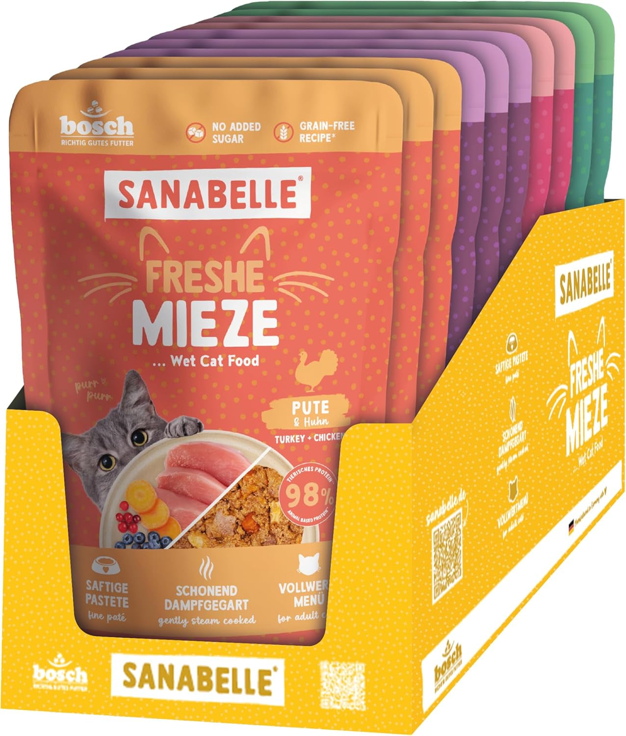 Sanabelle Freshe Mieze - Mixtray | 10 x 100g Mixpack | 4 lækre varianter af kattefoder at prøve | Dampet våd kattefoder, ligesom friskkogt