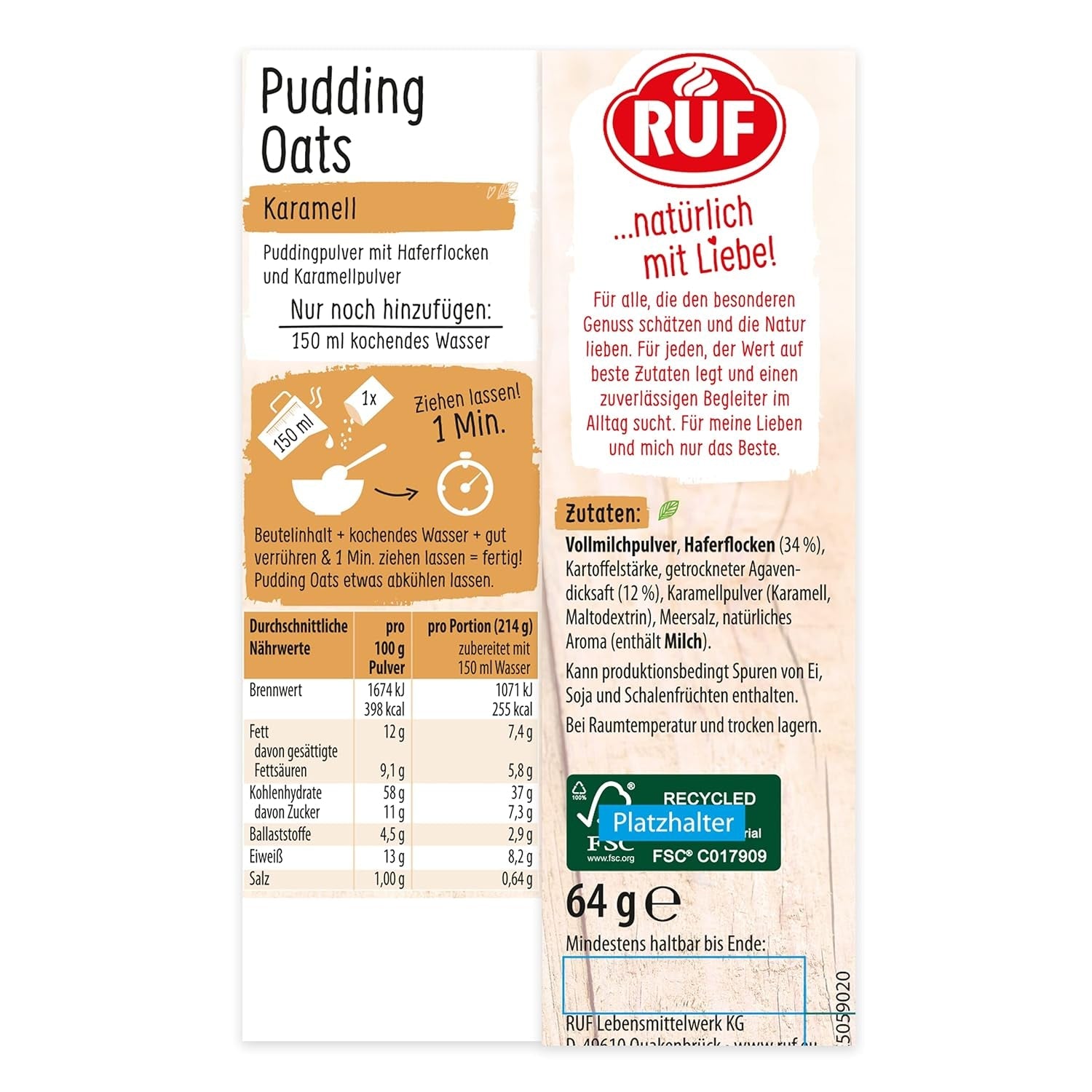 Caramel Oat Pudding, en harmonisk blanding af karamelbudding og fuldkornshave, sukkerfri, sødet med agavesirup, 1 pose x 64 g (4 pakke)